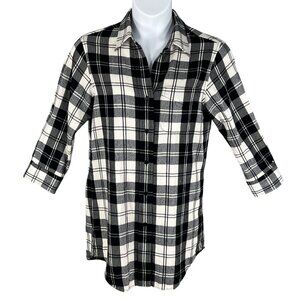 Theory Women 10 Black White Tartan Plaid Button Up Tunic Shirt Virgin Wool Blend